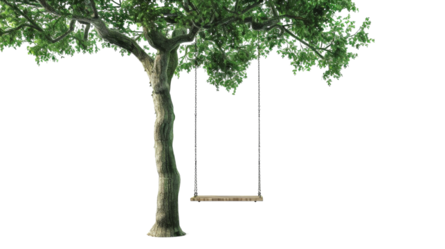 A swing hangs from a tree in a park, swaying gently in the breeze