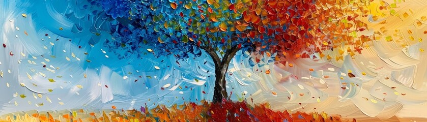Colorful abstract painting of a tree representing four seasons transitioning from blue winter to red summer on a textured background.