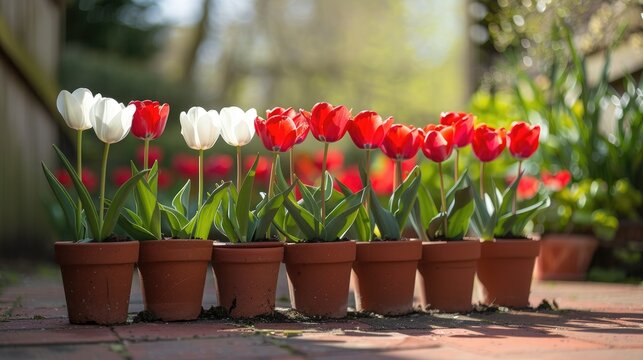 Tulips in flowerpots Red and white potted garden blooms