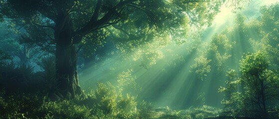 Serene forest bathed in morning sunlight, with rays of light piercing through lush green foliage, creating a peaceful and tranquil scene.