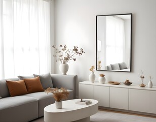 Frame mockup, ISO A paper size. Living room poster mockup. Modern interior design. Living room Interior mockup with house background. 3D render