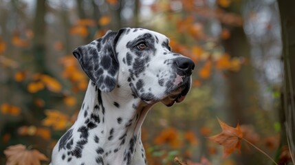  A Dalmatian dog sits before a tree, encircled by autumnal leaves in shades of orange and yellow In the background, a forest continues this color scheme on a fall