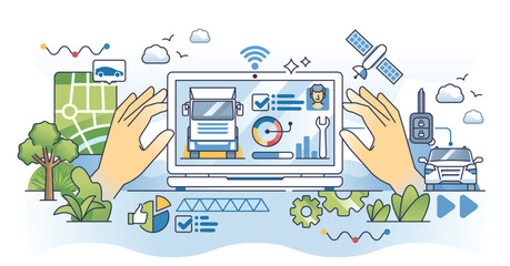 Fleet management software for effective monitoring outline hands concept. Logistics cargo vehicles location detection, fuel level check or efficiency research with remote app vector illustration.