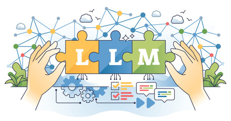 LLM or large language model for text generation outline hands concept. Automated artificial intelligence or complex AI algorithm usage for text understanding and communication vector illustration. © VectorMine