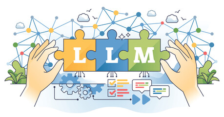 LLM or large language model for text generation outline hands concept. Automated artificial intelligence or complex AI algorithm usage for text understanding and communication vector illustration.