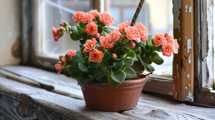 Kalanchoe blossfeldiana lacking blooms placed on a wooden windowsill