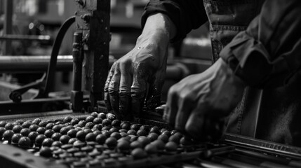 The precise movements of the workers as they move the stamps in harmony creating a stunning visual effect.