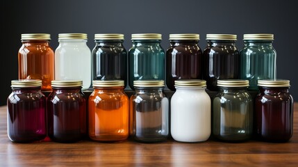 An array of glass jar mock-ups with stylish labels and metal lids, arranged on a white background, ideal for gourmet foods, homemade preserves, or artisanal products.