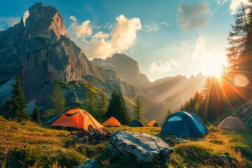 Camping Excursion: Photograph of a campsite nestled in the mountains with tents and campfire, illuminated by the warm glow of summer sunlight, inviting outdoor activities.