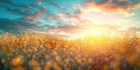 Field of yellow flowers at sunset