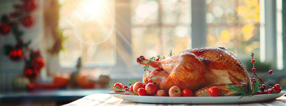 Thanksgiving feast featuring a golden brown roasted turkey