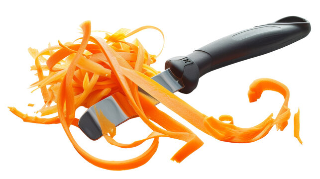 A sharp knife slicing through a pile of shredded carrots on a cutting board - Powered by Adobe