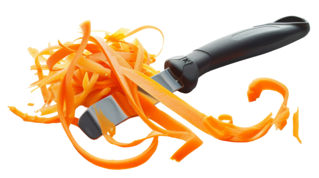 A sharp knife slicing through a pile of shredded carrots on a cutting board