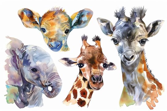 Enchanting watercolor illustrations of baby safari animals, capturing the innocence and playfulness of young wildlife
