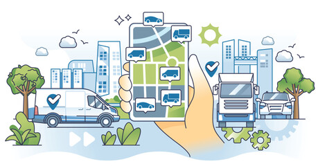 Fleet tracking with GPS location or navigation services outline hands concept. Logistic efficiency system with smart route planning and all vehicles precision positioning on map vector illustration.