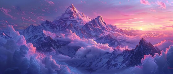 Majestic mountain peaks rise above vibrant, colorful clouds during a beautiful sunset in this breathtaking landscape scene. - Powered by Adobe