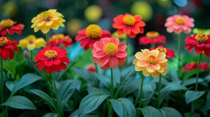  A tight shot of numerous flowers with leaves in the foreground, while the background features a softly blurred scene
