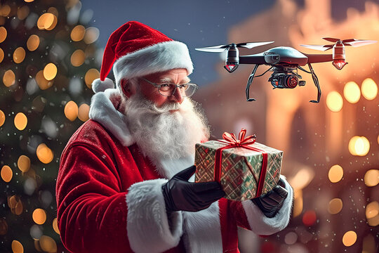 Santa Claus with remote control drone delivers gifts