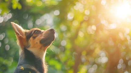  A small brown and black dog gazes at the sky, sun filtering through the foreground tree's leaves - Powered by Adobe
