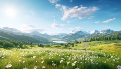 A stunning spring day landscaping views of fertile land surrounded beautiful green vegetation, wide stretches of hills and mountains with clear skies in spring