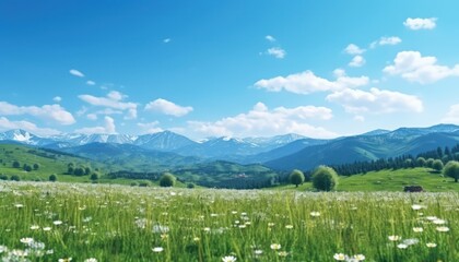 A stunning spring day landscaping views of fertile land surrounded beautiful green vegetation, wide stretches of hills and mountains with clear skies in spring