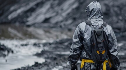 Fototapeta premium A worker in a protective suit standing in front of a coal ash pond ready to clean and manage the byproducts.