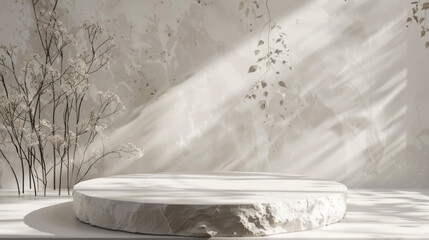 A 3D render of a white stone podium, elegant and smooth, with an abstract nature background