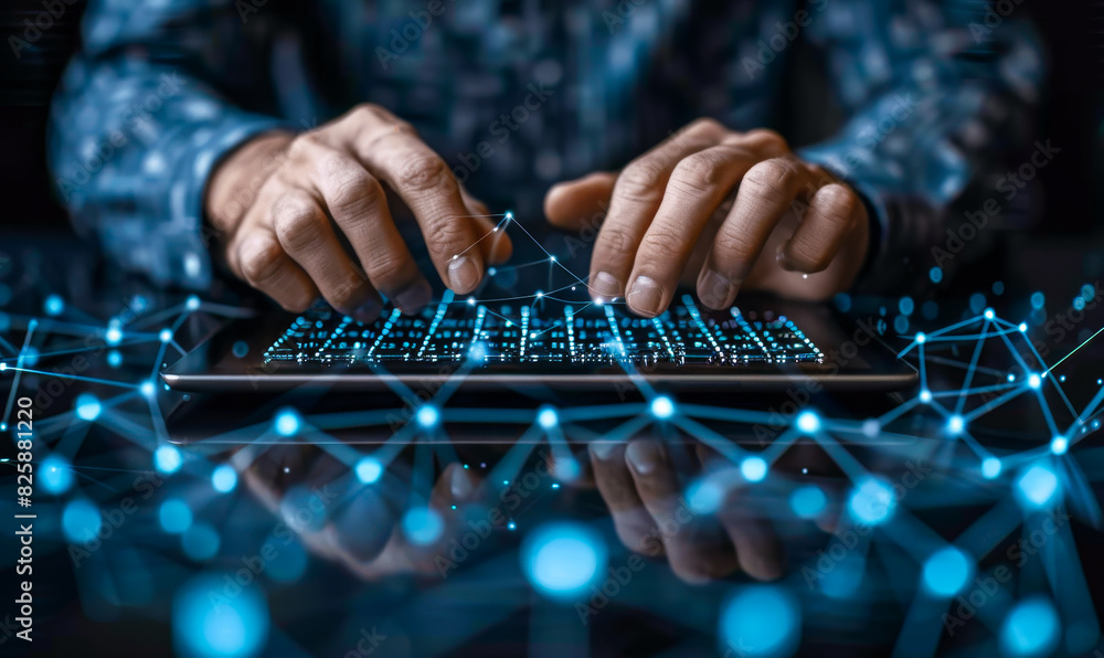Poster innovative software developer working on iot tech with laptop, tablet & global network connection - 
