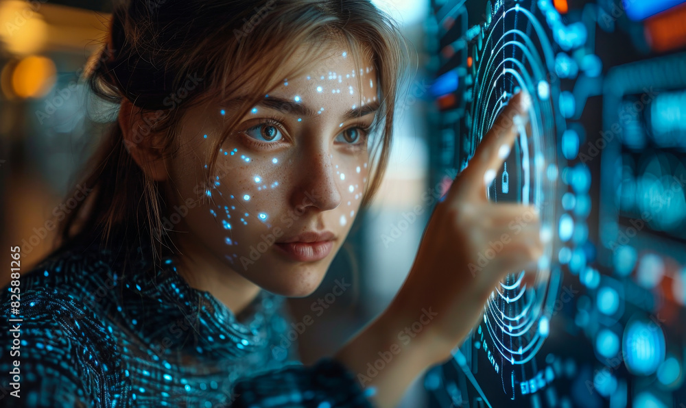 Poster woman using biometrics fingerprint for mobile banking app, cyber security access to financial data o