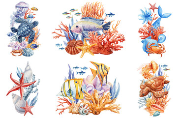 Animals underwater sea watercolor painting. Crab, turtle, starfish, seaweeds, fish and coral Isolated. Marine concept. © Hanna