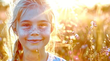  A little girl, dotted with freckles, stands in a field overflowing with flowers
