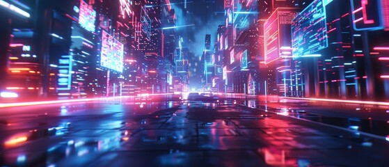 Futuristic neon cityscape with vibrant lights and a cyberpunk aesthetic, showcasing modern technology and architecture in a sci-fi urban environment.