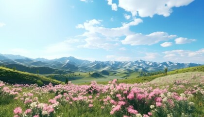 Obraz premium A stunning spring day landscaping views of fertile land surrounded beautiful green vegetation, wide stretches of hills and mountains with clear skies in spring