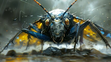  A macro shot of a bug on a wet surface, heavily dotted with water droplets on its face Surrounding its legs, various bugs are present