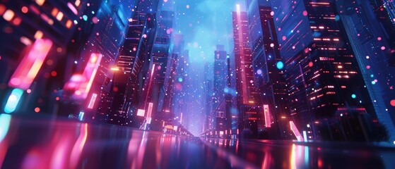 Obraz premium Futuristic neon cityscape with glowing skyscrapers and vibrant lights reflecting on wet streets, creating a cyberpunk atmosphere.