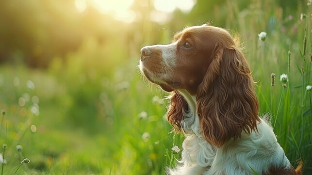  A brown-and-white dog sits atop a lush, green field Nearby, another field teems with tall grass; a dog, white and brown, rests there as - Powered by Adobe