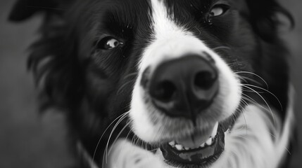 Close up image of a predominantly black and white canine winking - Powered by Adobe