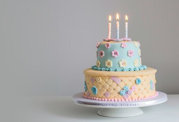 Birthday third anniversary sweet cake. Pastel colors.