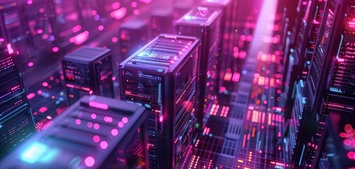 Obraz premium Futuristic data center with glowing server racks and vibrant neon colors, representing advanced technology and digital infrastructure.
