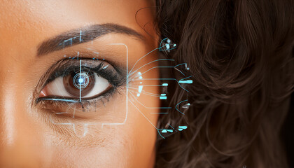 Eye being scanned by retina scanner for identification. Extreme closeup on woman's eye being electronically scanned to authenticate her identity for security.