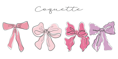 Hand drawn line art vector of coquette bows. Coquette girly elements.