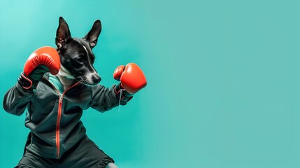 Playful Dog Engages in Boxing Match while Wearing Sports Clothes on Turquoise Background