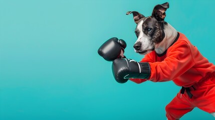Sporty Canine Challenger Dog in Boxing Gear Playfully Spars on Turquoise Backdrop