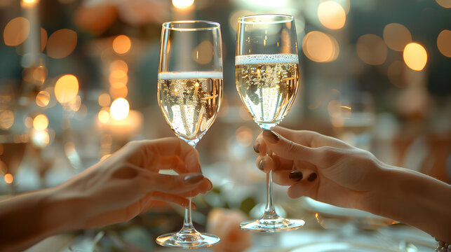 A beautiful and vibrant photo realistic image portraying a joyful wedding reception toast on a glossy backdrop, capturing the celebratory moment and happiness of the event in high 