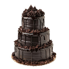Mouth-watering 3-tier dark chocolate dripping tall cake on an isolated background