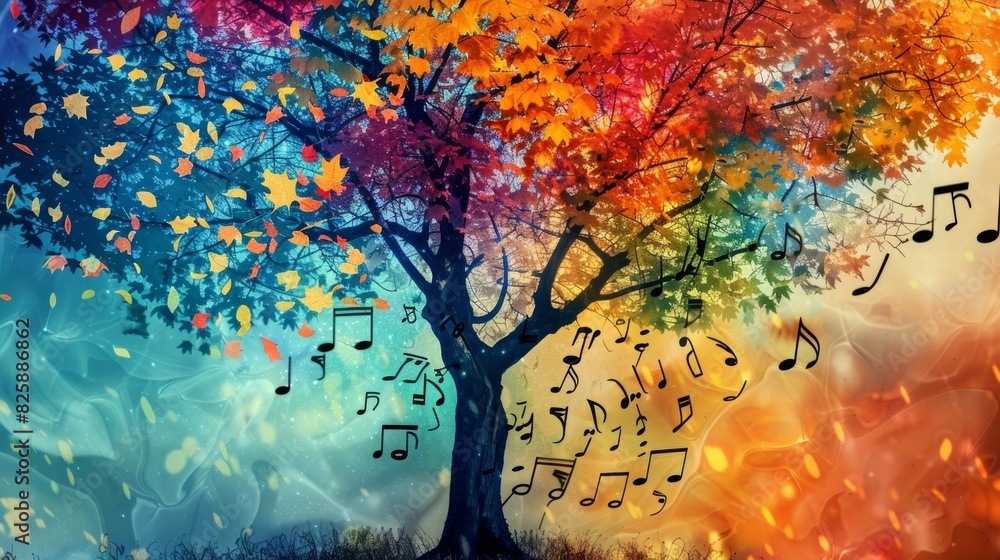 Aufkleber a tree with multicolored leaves each one a different genre of music blending together to create a be
