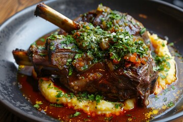 Lamb Shank with Creamy Polenta and Gremolata, Braised lamb shank, glistening with a rich sauce,...