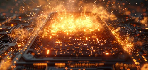 Exploding circuit board with sparks and flames highlighting advanced technology failure or overload. Futuristic and dramatic scene.