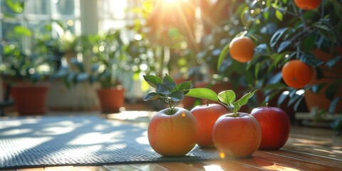 Three apples are placed on a rug on the wooden floor