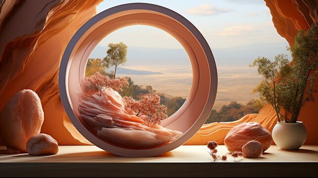 Futuristic product display on a marble stand against an abstract nature backdrop, creating a visually dynamic presentation that captures attention and enhances product visibility.